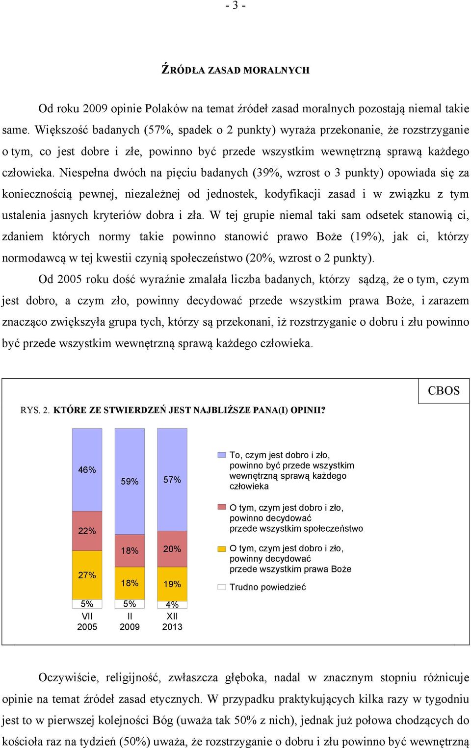 Niespełna dwóch na pięciu badanych (39%, wzrost o 3 punkty) opowiada się za koniecznością pewnej, niezależnej od jednostek, kodyfikacji zasad i w związku z tym ustalenia jasnych kryteriów dobra i zła.