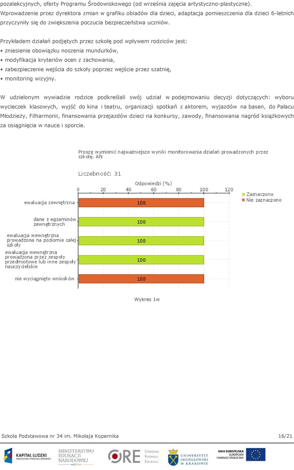 Przykładem działań podjętych przez szkołę pod wpływem rodziców jest: zniesienie obowiązku noszenia mundurków, modyfikacja kryteriów ocen z zachowania, zabezpieczenie wejścia do szkoły poprzez wejście