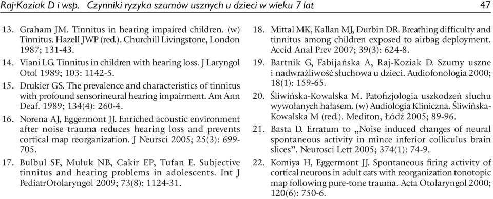 Am Ann Deaf. 1989; 134(4): 260-4. 16. Norena AJ, Eggermont JJ. Enriched acoustic environment after noise trauma reduces hearing loss and prevents cortical map reorganization.