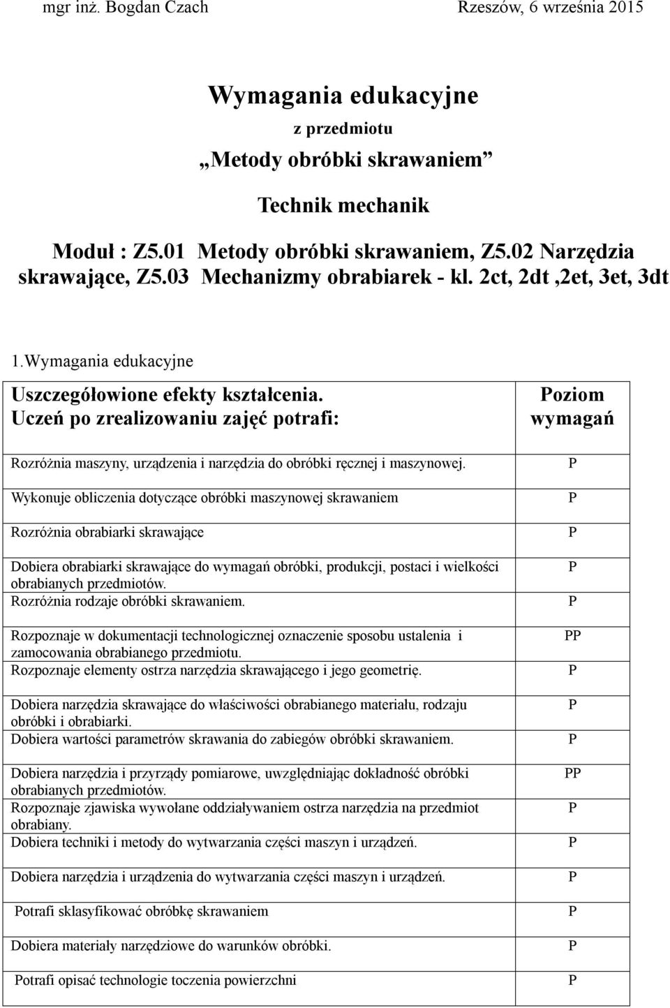 Uczeń po zrealizowaniu zajęć potrafi: Rozróżnia maszyny, urządzenia i narzędzia do obróbki ręcznej i maszynowej.