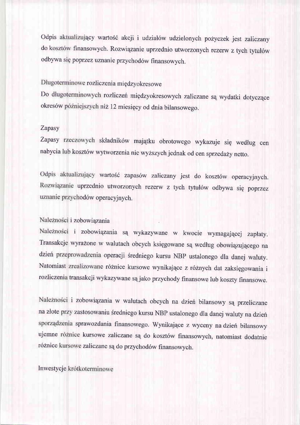 Zapasy Zapasy nabycia skladnik6w maj4tku obrotowego wykazuje sig wedlug cen koszt6w wltworzenia nie wyzszych jednak od cen sprzeda2y netto. wartoi6 zapas6w zaliczany jest do koszt6w operacyjnych.