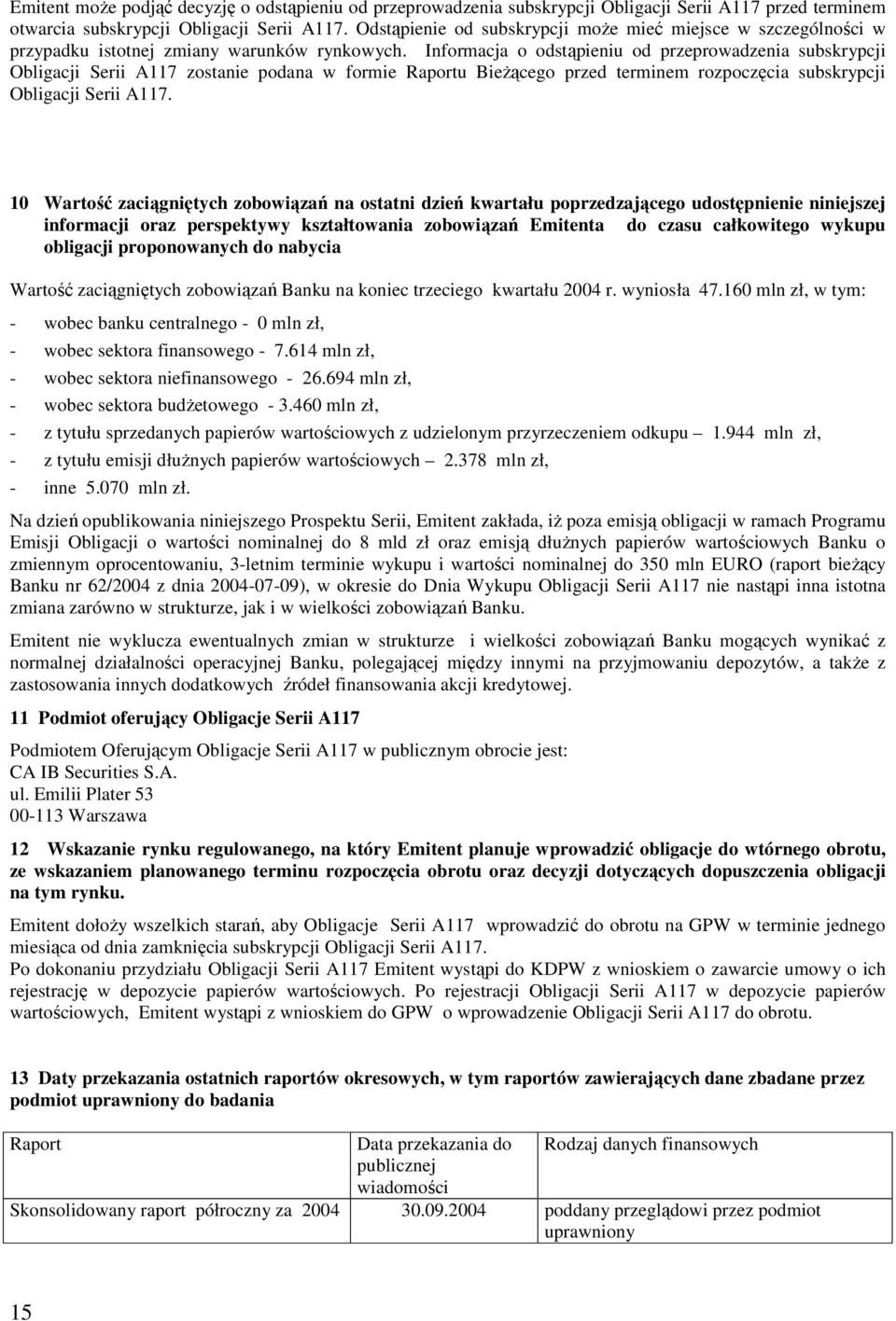 Informacja o odstąpieniu od przeprowadzenia subskrypcji Obligacji Serii A117 zostanie podana w formie Raportu BieŜącego przed terminem rozpoczęcia subskrypcji Obligacji Serii A117.