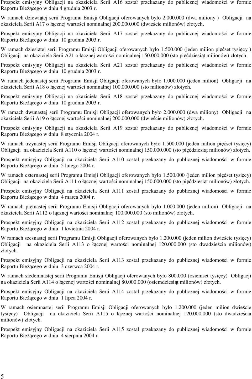 Prospekt emisyjny Obligacji na okaziciela Serii A17 został przekazany do publicznej wiadomości w formie Raportu BieŜącego w dniu 10 grudnia 2003 r.