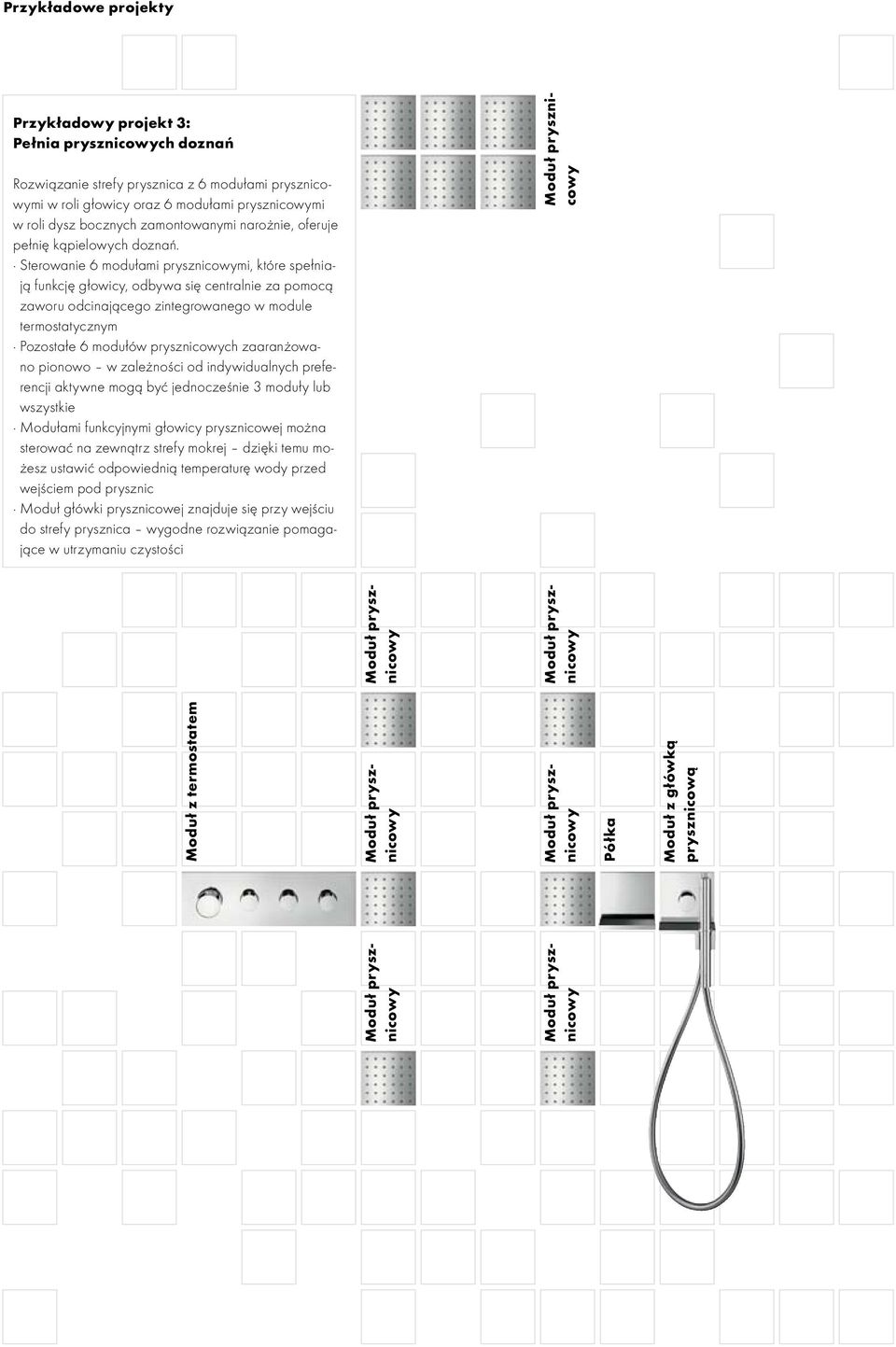 Sterowanie 6 modułami prysznicowymi, które spełniają funkcję głowicy, odbywa się centralnie za pomocą zaworu odcinającego zintegrowanego w module termostatycznym Pozostałe 6 modułów prysznicowych