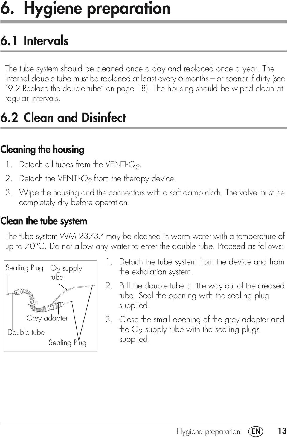 2. Detach the VENTI-O 2 from the therapy device. 3. Wipe the housing and the connectors with a soft damp cloth. The valve must be completely dry before operation.