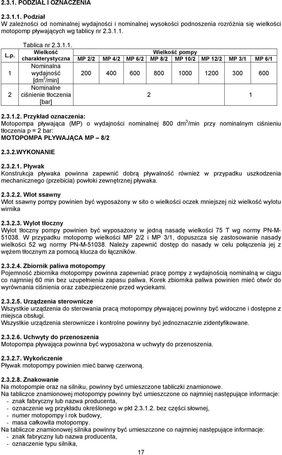 tłoczenia 2 1 [bar] 2.3.1.2. Przykład oznaczenia: Motopompa pływająca (MP) o wydajności nominalnej 800 dm 3 /min przy nominalnym ciśnieniu tłoczenia p = 2 bar: MOTOPOMPA PŁYWAJĄCA MP 8/2 2.3.2.WYKONANIE 2.