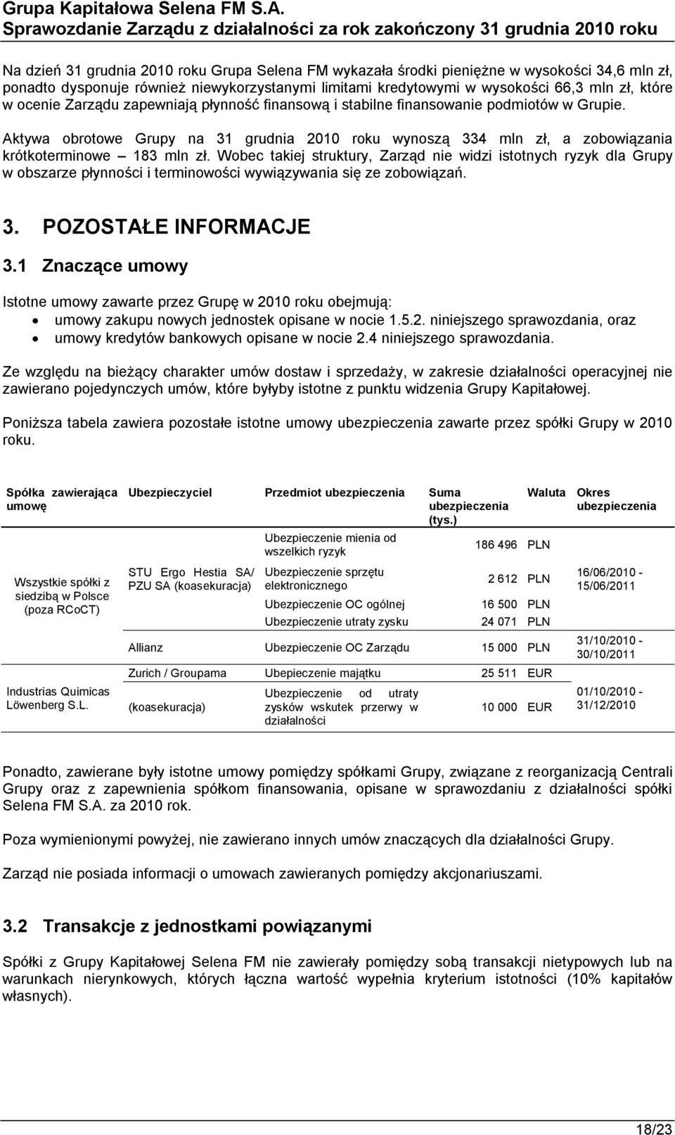 Wobec takiej struktury, Zarząd nie widzi istotnych ryzyk dla Grupy w obszarze płynności i terminowości wywiązywania się ze zobowiązań. 3. POZOSTAŁE INFORMACJE 3.