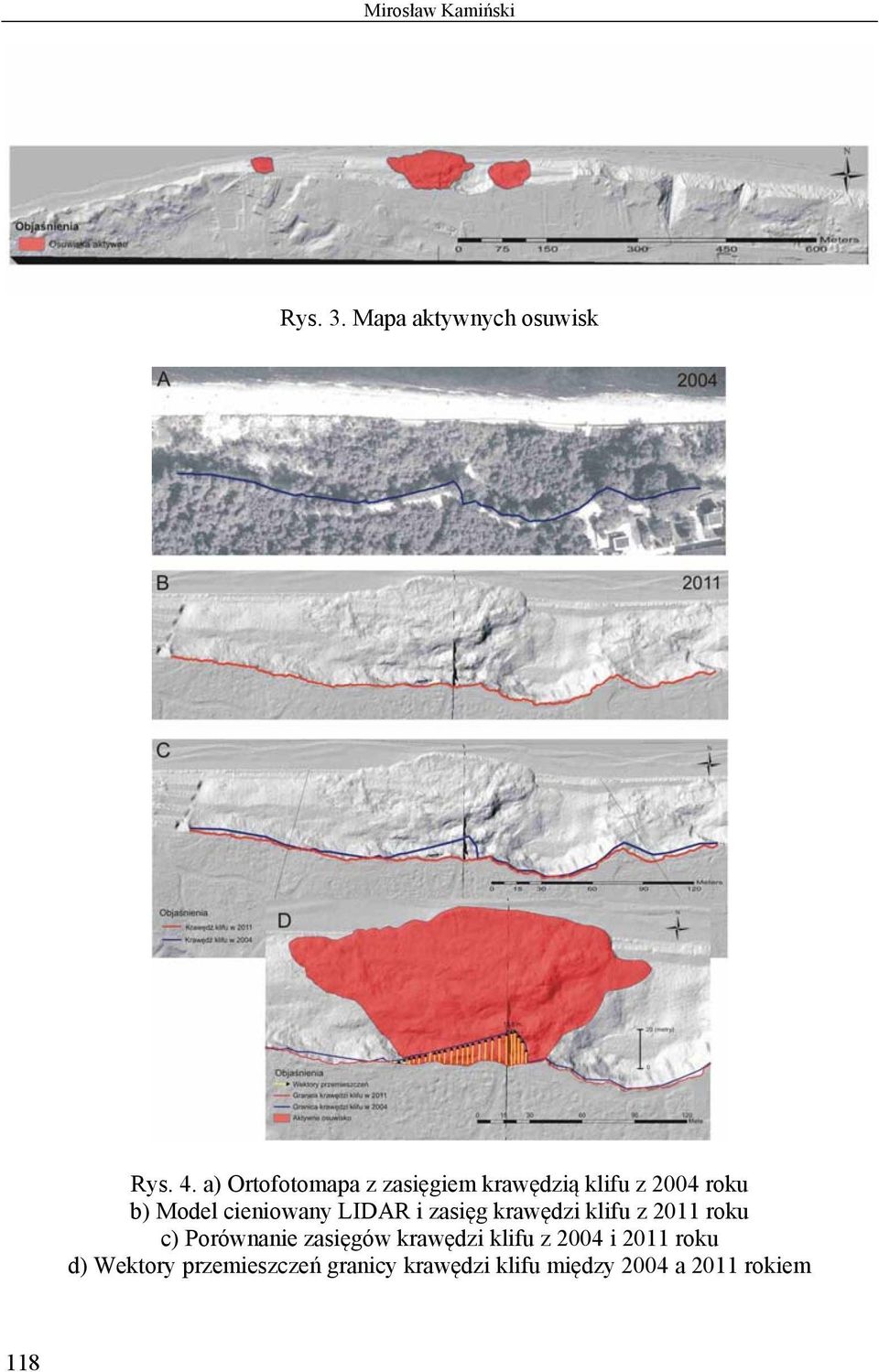 LIDAR i zasięg krawędzi klifu z 2011 roku c) Porównanie zasięgów krawędzi