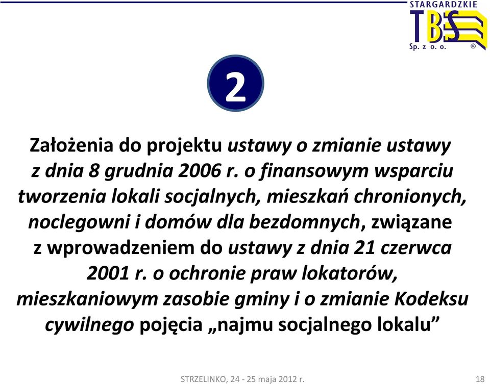 domów dla bezdomnych, związane z wprowadzeniem do ustawy z dnia 21 czerwca 2001 r.