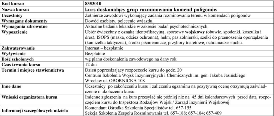 Ubiór ćwiczebny z oznaką identyfikacyjną, sportowy wojskowy (obuwie, spodenki, koszulka i dres), ISOPS (maska, odzież ochronna), hełm, pas żołnierski, szelki do przenoszenia oporządzenia (kamizelka