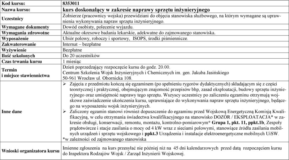 Ubiór polowy, roboczy i sportowy, ISOPS, środki piśmiennicze. Internat bezpłatne Bezpłatne Do 20 uczestników 1 miesiąc Dzień poprzedzający rozpoczęcie kursu do godz. 20.00.