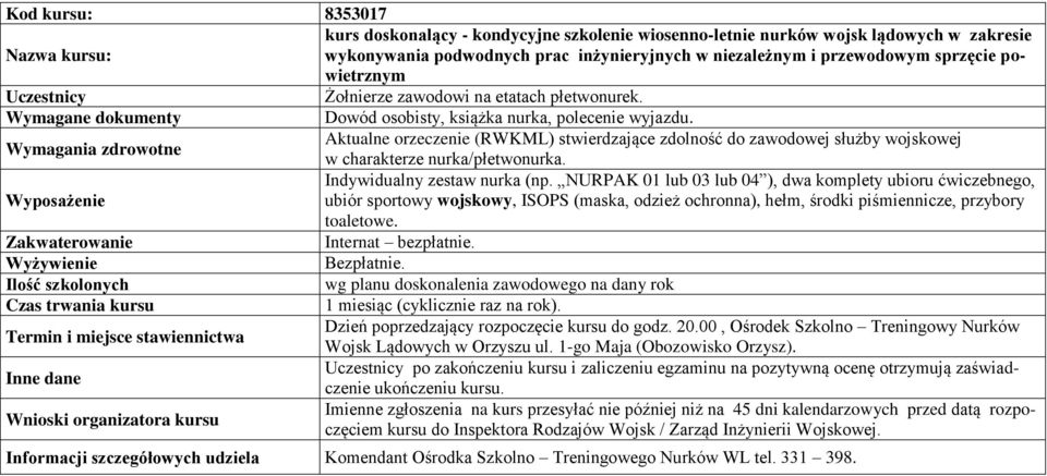 Aktualne orzeczenie (RWKML) stwierdzające zdolność do zawodowej służby wojskowej w charakterze nurka/płetwonurka. Indywidualny zestaw nurka (np.