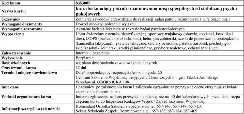 Ubiór ćwiczebny z oznaką identyfikacyjną, sportowy wojskowy (obuwie, spodenki, koszulka i dres), ISOPS (maska, odzież ochronna), hełm, pas żołnierski, szelki do przenoszenia oporządzenia (kamizelka