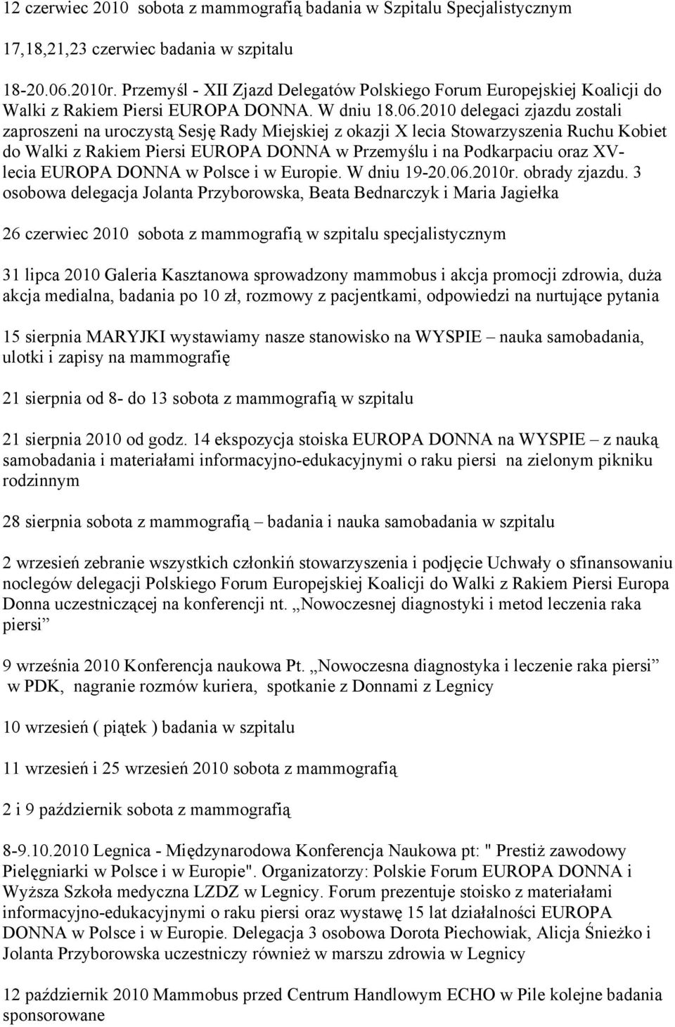 2010 delegaci zjazdu zostali zaproszeni na uroczystą Sesję Rady Miejskiej z okazji X lecia Stowarzyszenia Ruchu Kobiet do Walki z Rakiem Piersi EUROPA DONNA w Przemyślu i na Podkarpaciu oraz XVlecia