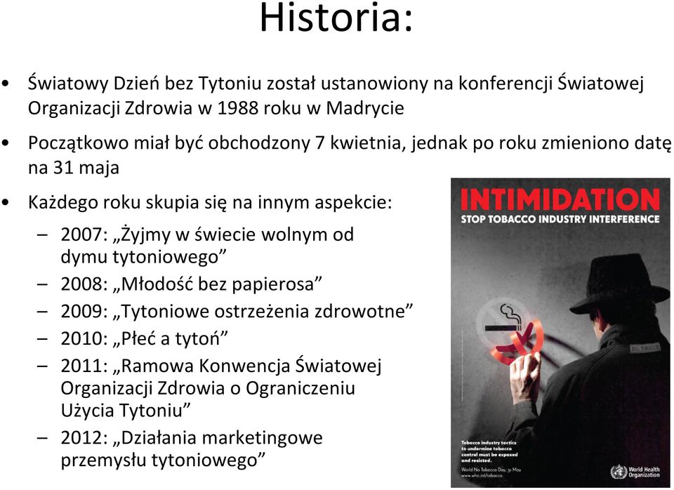 wolnym od 2007: Żyjmy w świecie wolnym od dymu tytoniowego 2008: Młodość bez papierosa 2009: Tytoniowe ostrzeżenia zdrowotne 2010: Płeć a