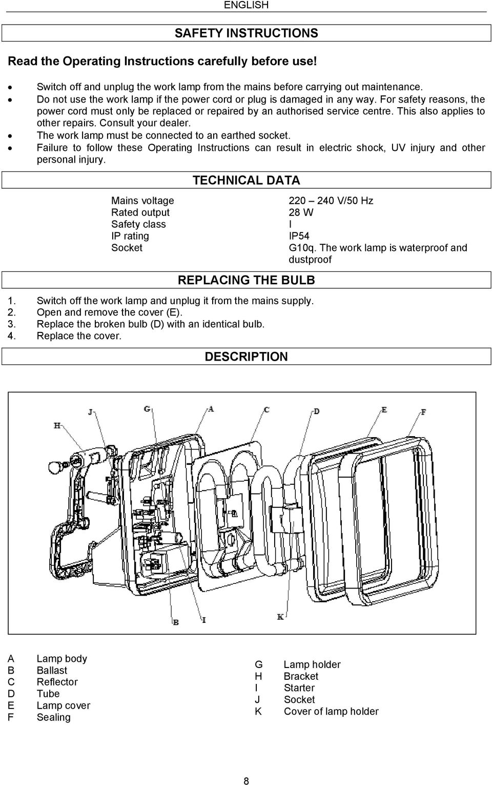 This also applies to other repairs. Consult your dealer. The work lamp must be connected to an earthed socket.