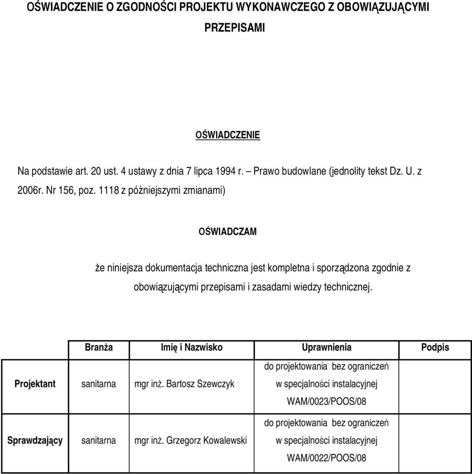 1118 z pó niejszymi zmianami) WIADCZAM e niniejsza dokumentacja techniczna jest kompletna i sporz dzona zgodnie z obowi zuj cymi przepisami i zasadami wiedzy