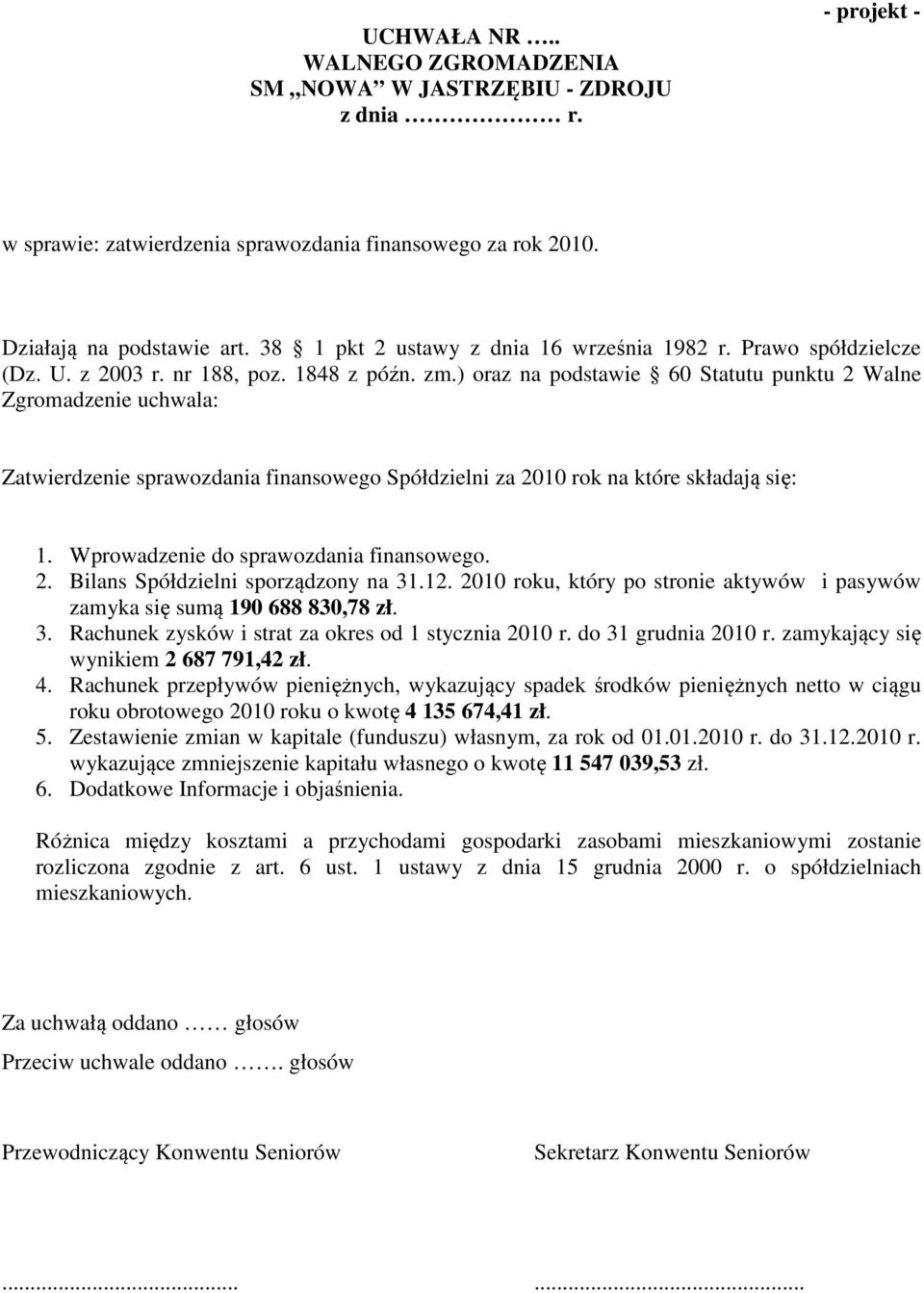 Wprowadzenie do sprawozdania finansowego. 2. Bilans Spółdzielni sporządzony na 31.12. 2010 roku, który po stronie aktywów i pasywów zamyka się sumą 190 688 830,78 zł. 3. Rachunek zysków i strat za okres od 1 stycznia 2010 r.