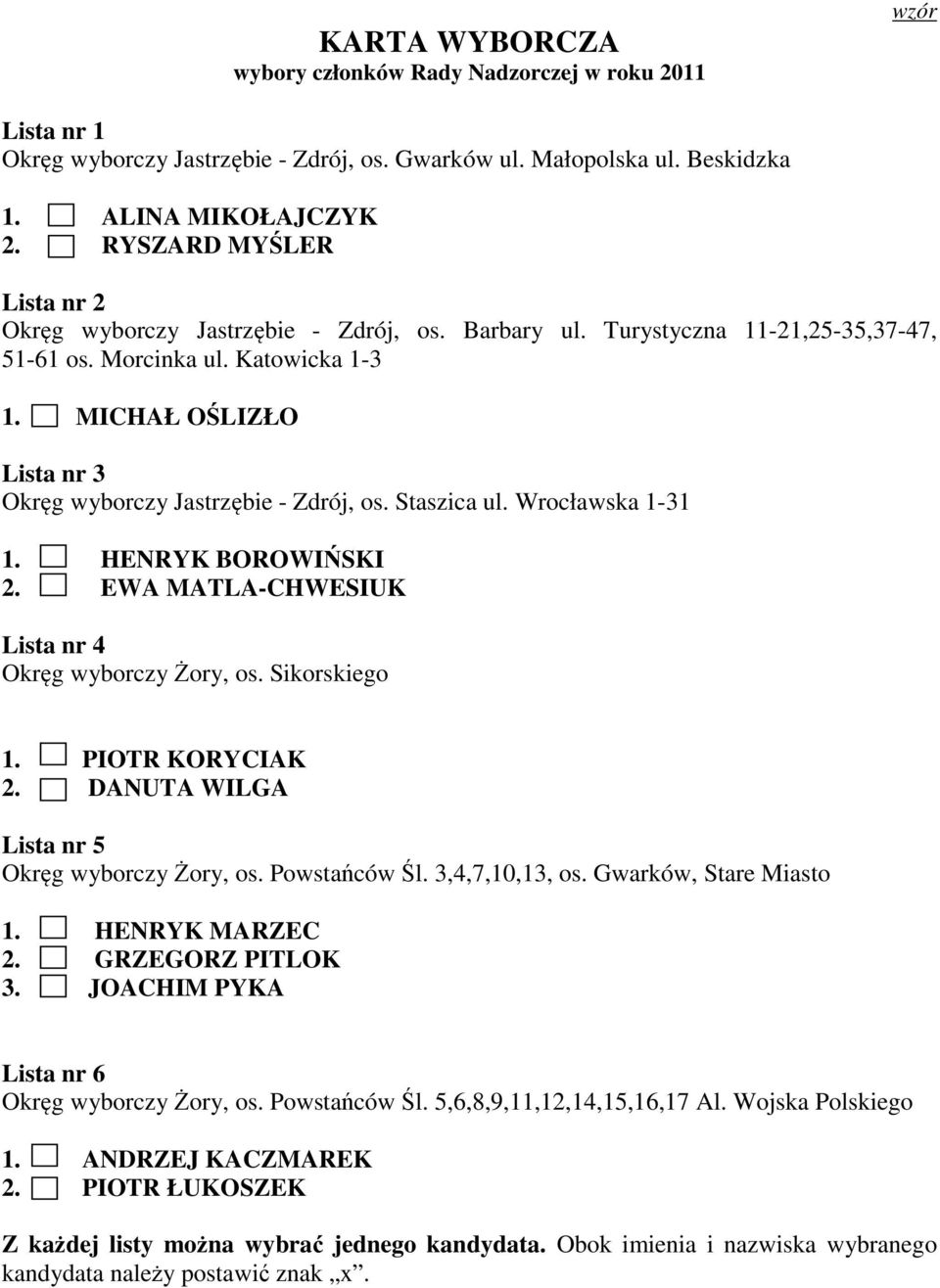 MICHAŁ OŚLIZŁO Lista nr 3 Okręg wyborczy Jastrzębie - Zdrój, os. Staszica ul. Wrocławska 1-31 1. HENRYK BOROWIŃSKI 2. EWA MATLA-CHWESIUK Lista nr 4 Okręg wyborczy Żory, os. Sikorskiego 1.