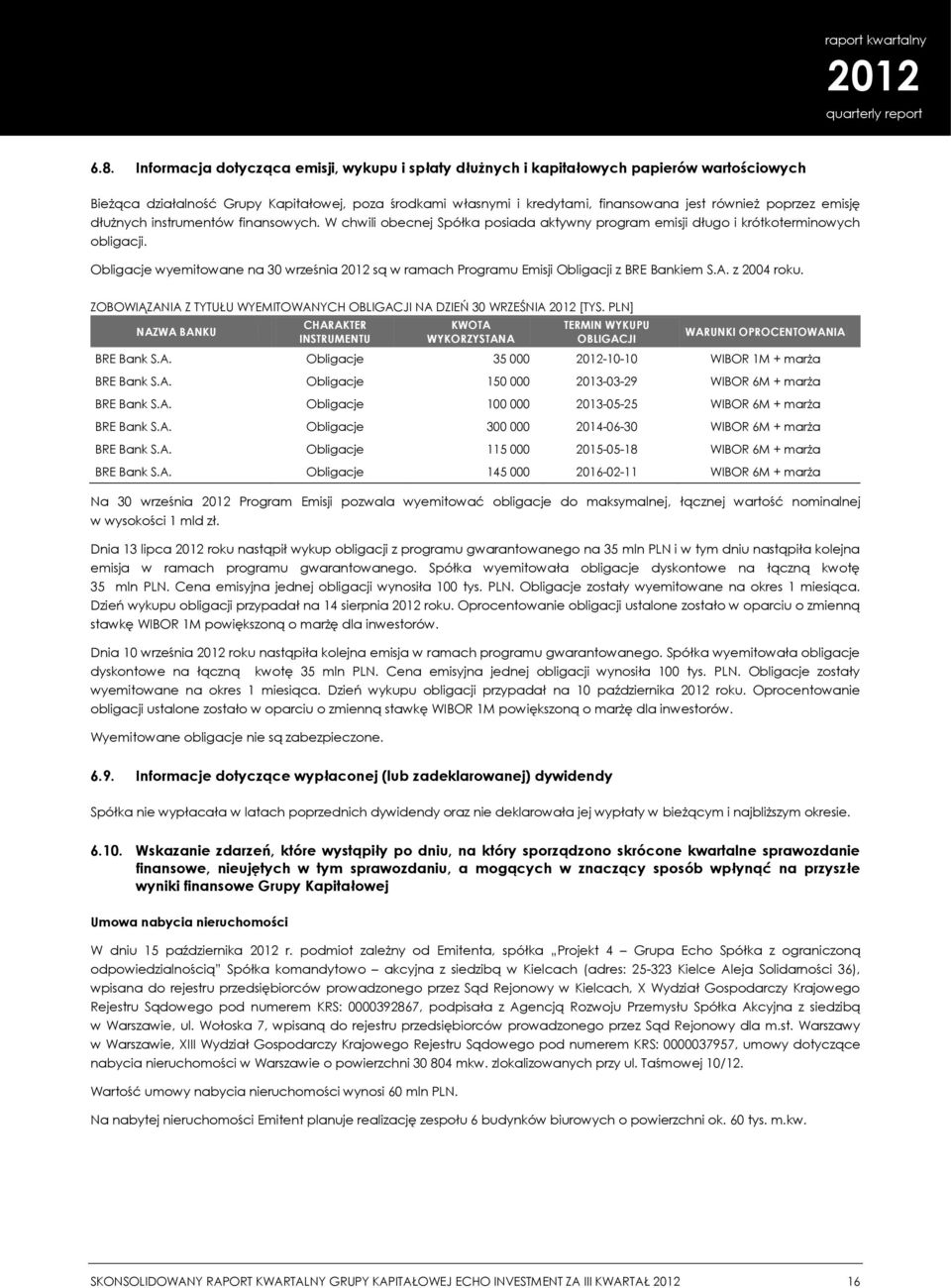 Obligacje wyemitowane na 30 września są w ramach Programu Emisji Obligacji z BRE Bankiem S.A. z 2004 roku. ZOBOWIĄZANIA Z TYTUŁU WYEMITOWANYCH OBLIGACJI NA DZIEŃ 30 WRZEŚNIA [TYS.