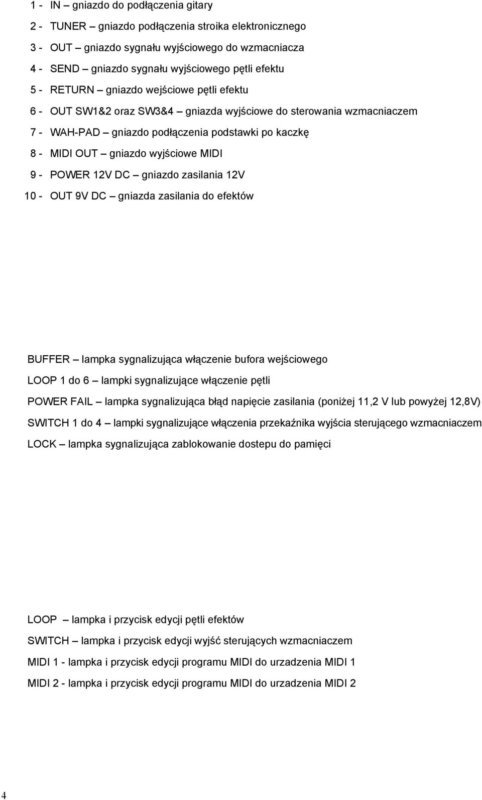 POWER 12V DC gniazdo zasilania 12V 10 - OUT 9V DC gniazda zasilania do efektów BUFFER lampka sygnalizująca włączenie bufora wejściowego LOOP 1 do 6 lampki sygnalizujące włączenie pętli POWER FAIL