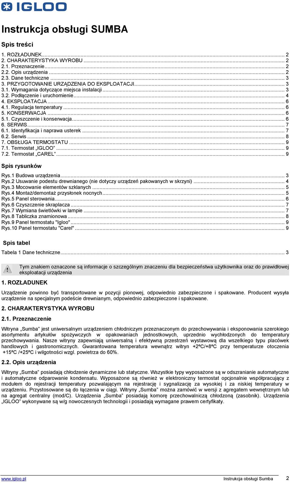 .. 6 5.1. Czyszczenie i konserwacja... 6 6. SERWIS... 7 6.1. Identyfikacja i naprawa usterek... 7 6.2. Serwis... 8 7. OBSŁUGA TERMOSTATU... 9 7.1. Termostat IGLOO... 9 7.2. Termostat CAREL.