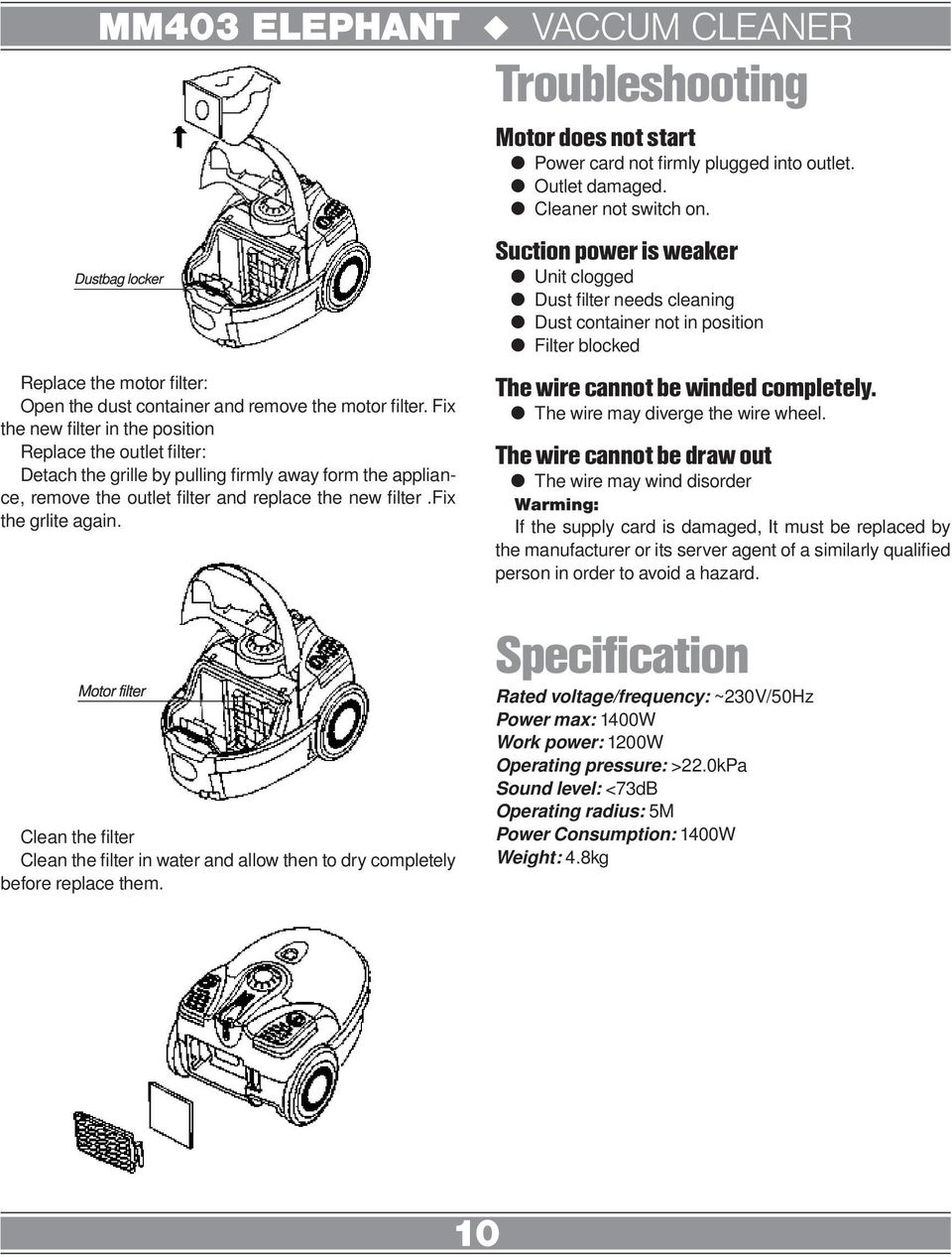 Troubleshooting Motor does not start Power card not firmly plugged into outlet. Outlet damaged. Cleaner not switch on.