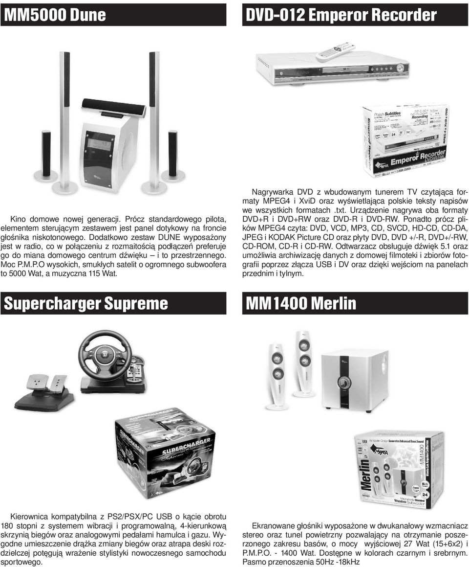 M.P.O wysokich, smukłych satelit o ogromnego subwoofera to 5000 Wat, a muzyczna 115 Wat.