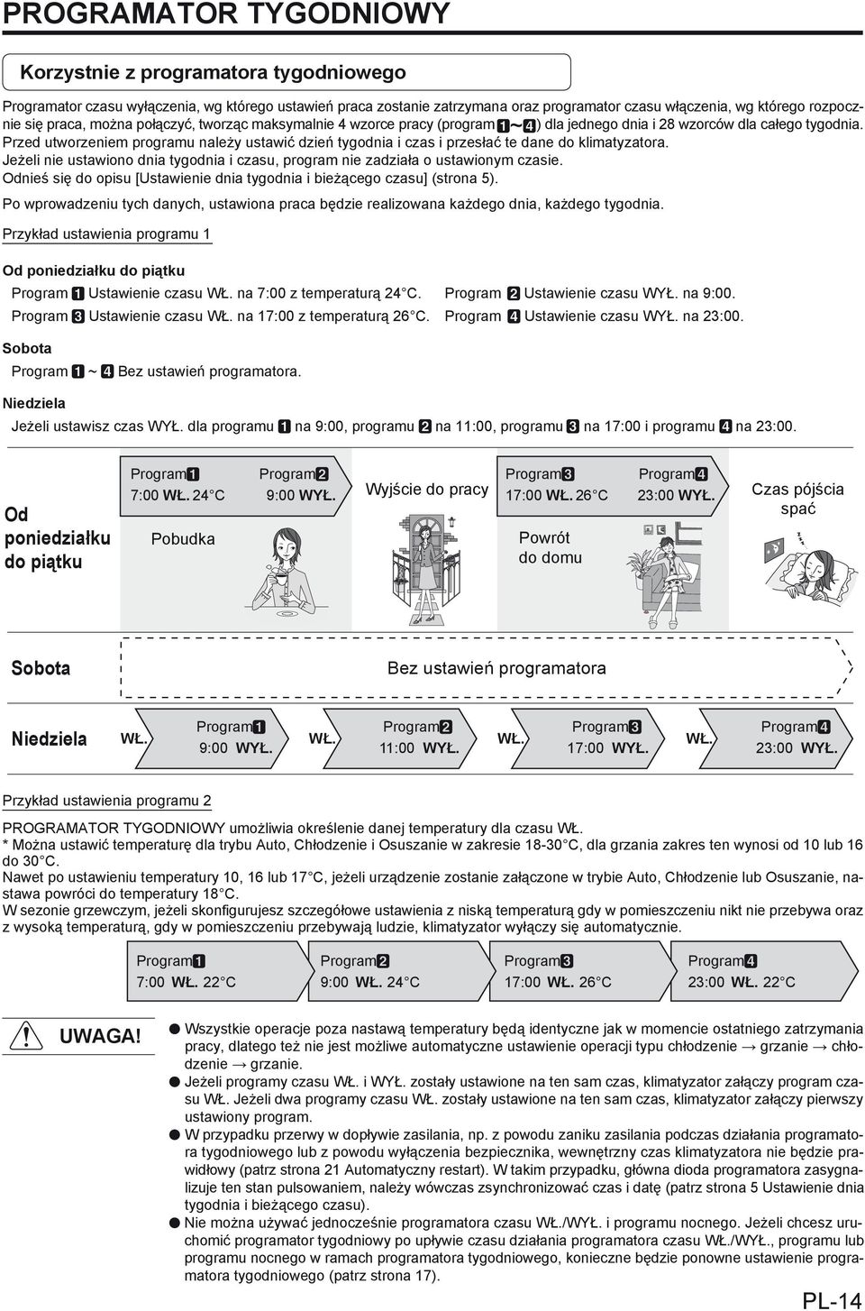 Przed utworzeniem programu należy ustawić dzień tygodnia i czas i przesłać te dane do klimatyzatora. Jeżeli nie ustawiono dnia tygodnia i czasu, program nie zadziała o ustawionym czasie.