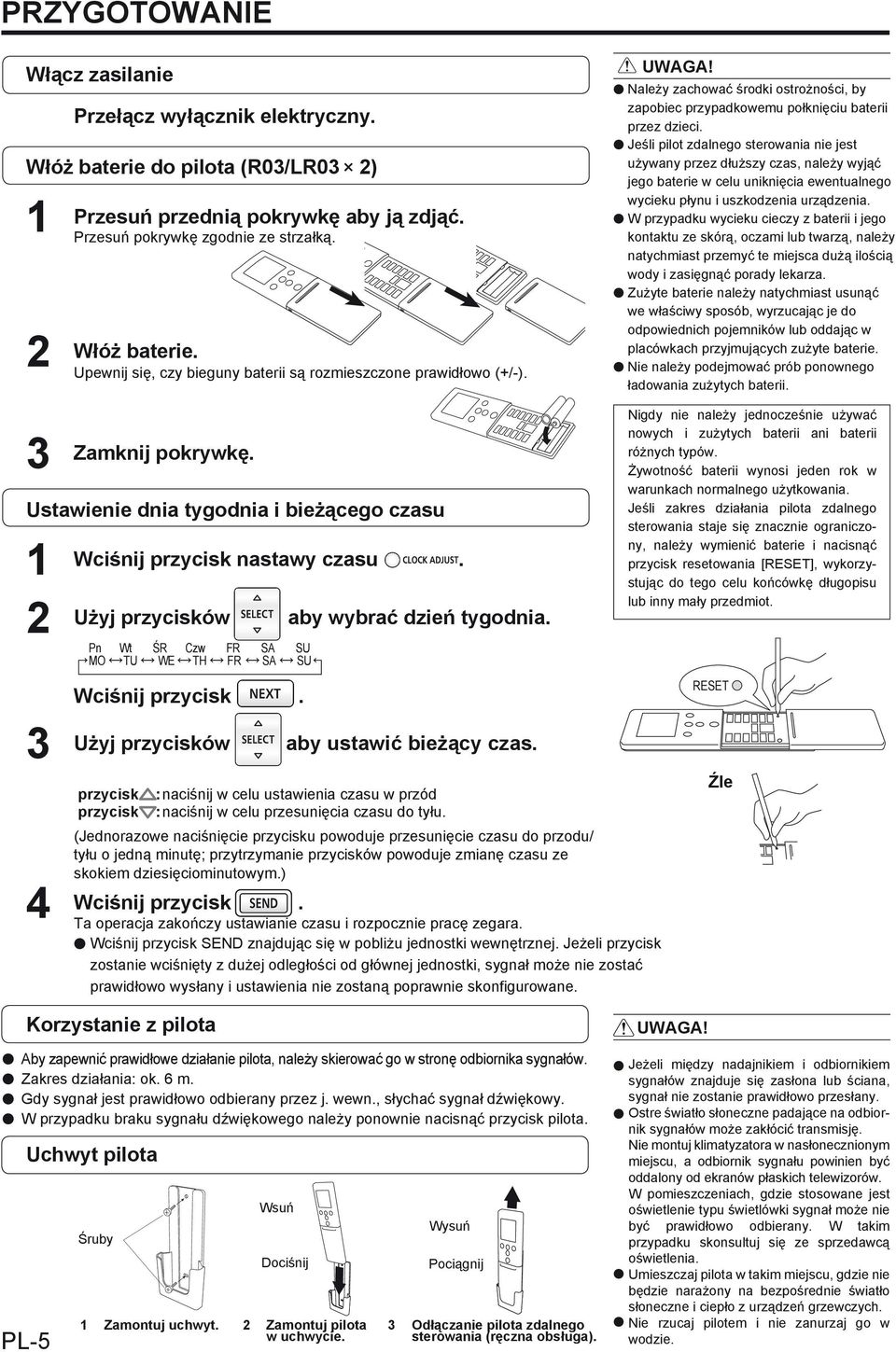 Jeśli pilot zdalnego sterowania nie jest używany przez dłuższy czas, należy wyjąć jego baterie w celu uniknięcia ewentualnego wycieku płynu i uszkodzenia urządzenia.