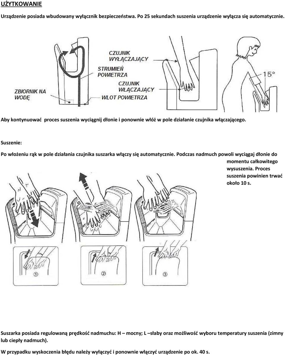 Suszenie: Po włożeniu rąk w pole działania czujnika suszarka włączy się automatycznie. Podczas nadmuch powoli wyciągaj dłonie do momentu całkowitego wysuszenia.