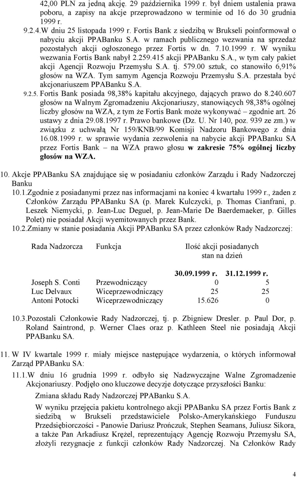 W wyniku wezwania Fortis Bank nabył 2.259.415 akcji PPABanku S.A., w tym cały pakiet akcji Agencji Rozwoju Przemysłu S.A. tj. 579.00 sztuk, co stanowiło 6,91% głosów na WZA.