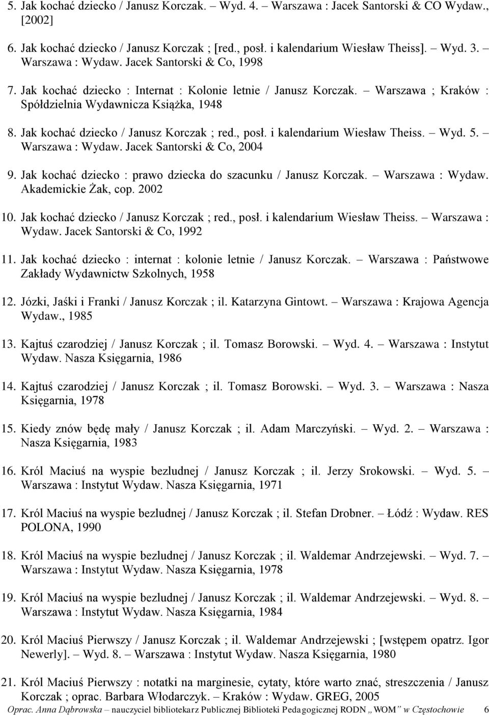 Jak kochać dziecko / Janusz Korczak ; red., posł. i kalendarium Wiesław Theiss. Wyd. 5. Warszawa : Wydaw. Jacek Santorski & Co, 2004 9. Jak kochać dziecko : prawo dziecka do szacunku / Janusz Korczak.