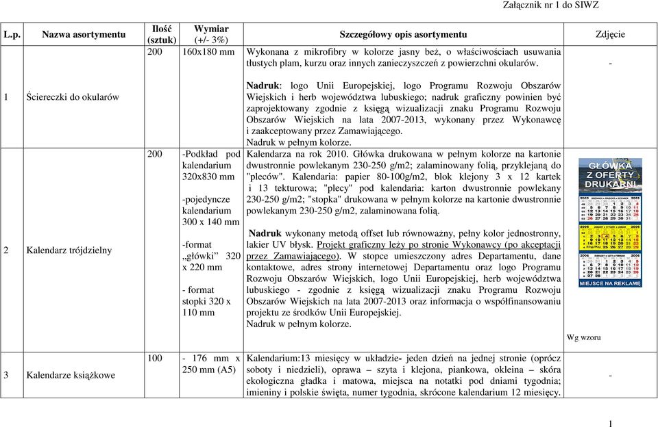 Zdjęcie 1 Ściereczki do okularów 2 Kalendarz trójdzielny 200 Podkład pod kalendarium 320x830 mm pojedyncze kalendarium 300 x 140 mm format główki 320 x 220 mm format stopki 320 x 110 mm Nadruk: logo