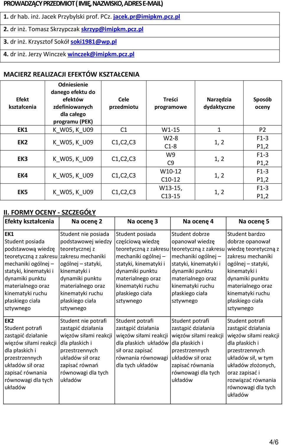 pl MACIERZ REALIZACJI EFEKTÓW KSZTAŁCENIA Efekt kształcenia Odniesienie danego efektu do efektów zdefiniowanych dla całego programu (PEK) Cele przedmiotu Treści programowe Narzędzia dydaktyczne