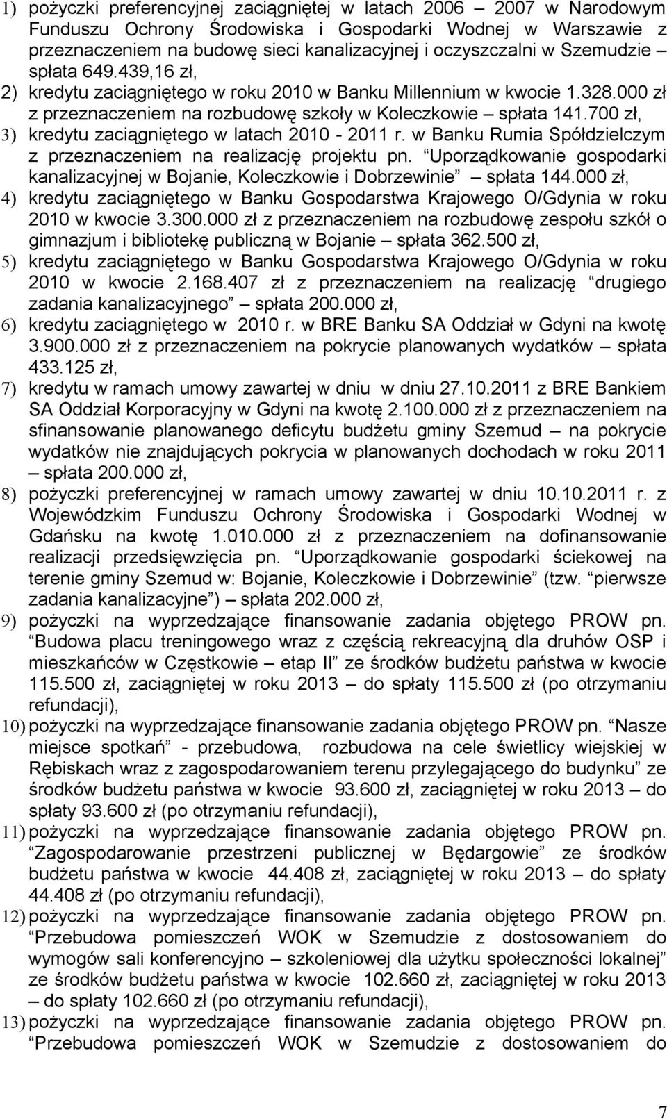 700 zł, 3) kredytu zaciągniętego w latach 2010-2011 r. w Banku Rumia Spółdzielczym z przeznaczeniem na realizację projektu pn.