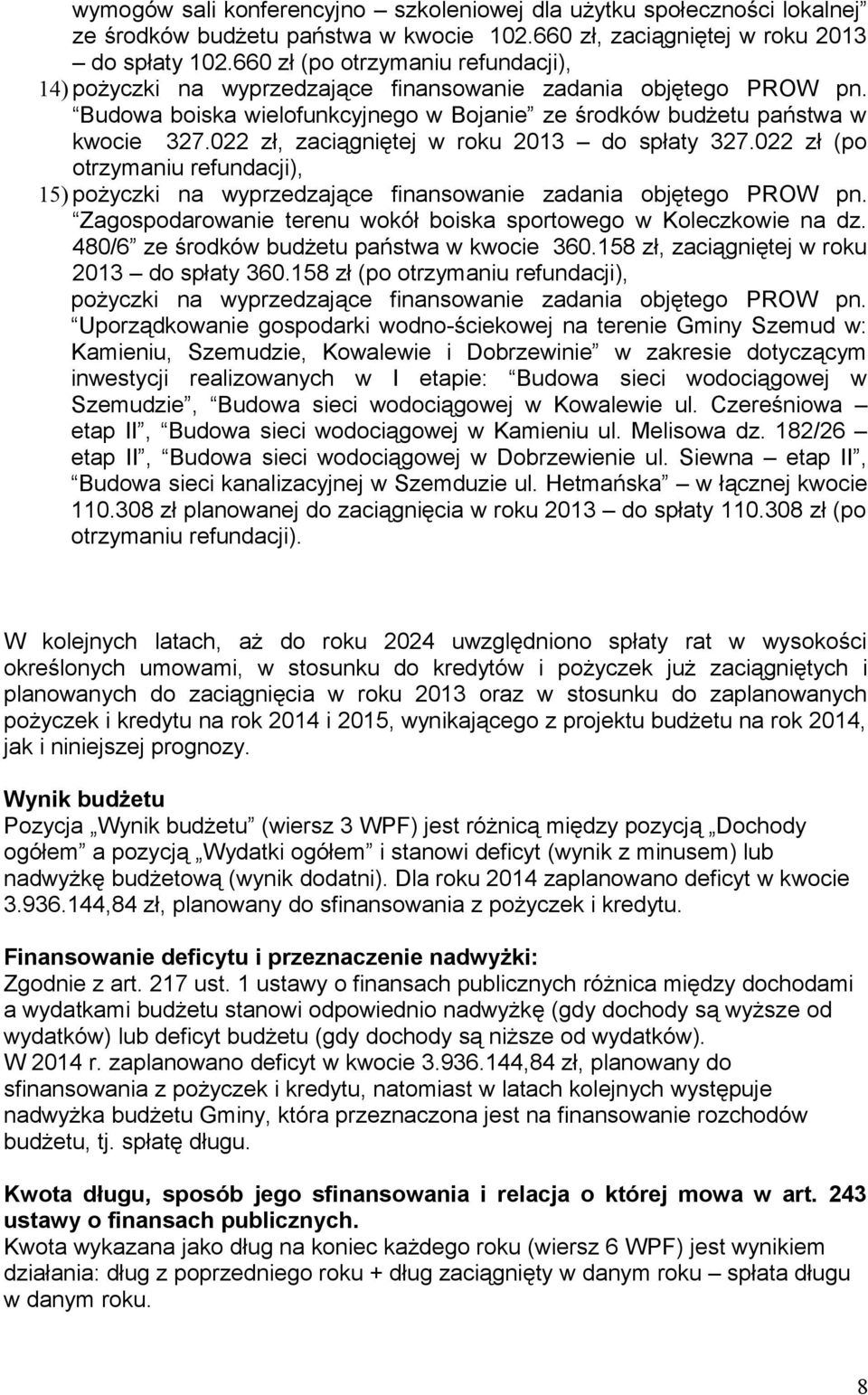 022 zł, zaciągniętej w roku 2013 do spłaty 327.022 zł (po otrzymaniu refundacji), 15) pożyczki na finansowanie zadania objętego PROW pn.