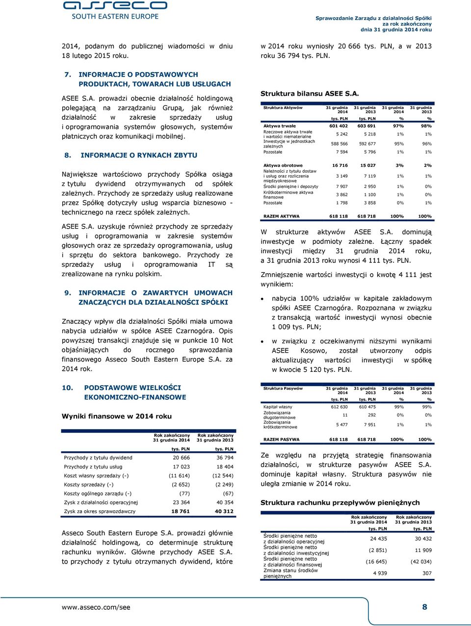 komunikacji mobilnej. 8. INFORMACJE O RYNKACH ZBYTU Największe wartościowo przychody Spółka osiąga z tytułu dywidend otrzymywanych od spółek zależnych.