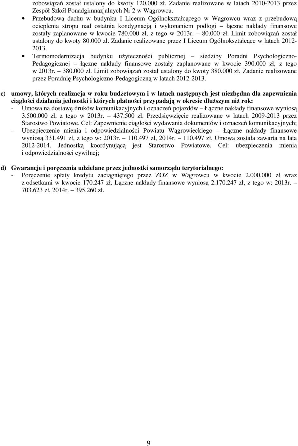 kwocie 780.000 zł, z tego w 2013r. 80.000 zł. Limit zobowiązań został ustalony do kwoty 80.000 zł. Zadanie realizowane przez I Liceum Ogólnokształcące w latach 2012-2013.