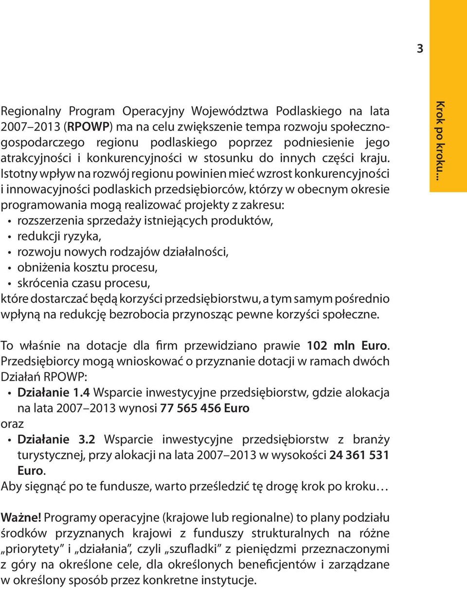 Istotny wpływ na rozwój regionu powinien mieć wzrost konkurencyjności i innowacyjności podlaskich przedsiębiorców, którzy w obecnym okresie programowania mogą realizować projekty z zakresu: