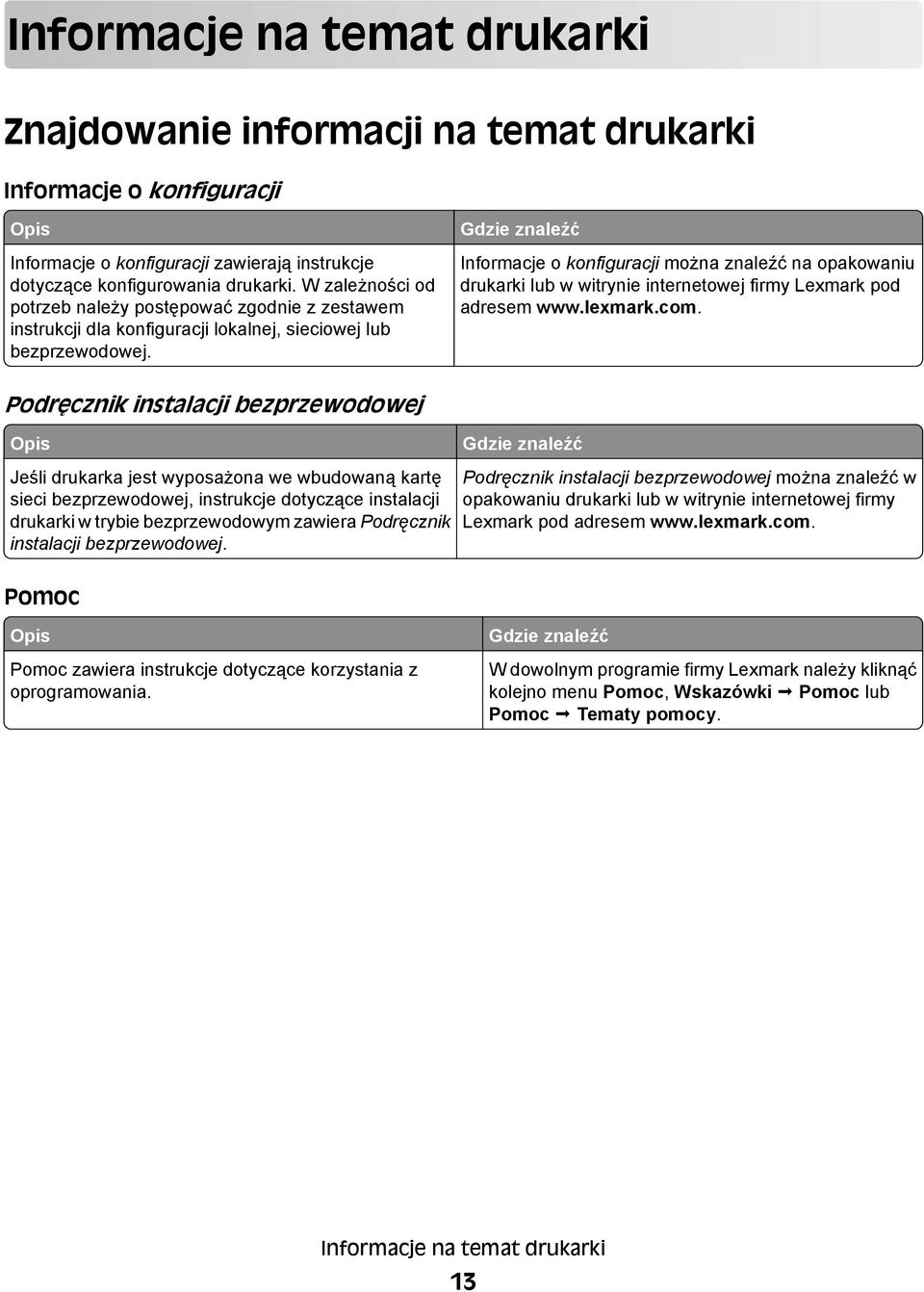 Gdzie znaleźć Informacje o konfiguracji można znaleźć na opakowaniu drukarki lub w witrynie internetowej firmy Lexmark pod adresem www.lexmark.com.