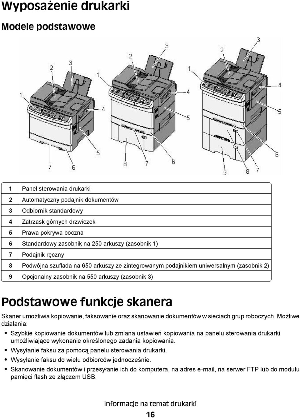 Podstawowe funkcje skanera Skaner umożliwia kopiowanie, faksowanie oraz skanowanie dokumentów w sieciach grup roboczych.