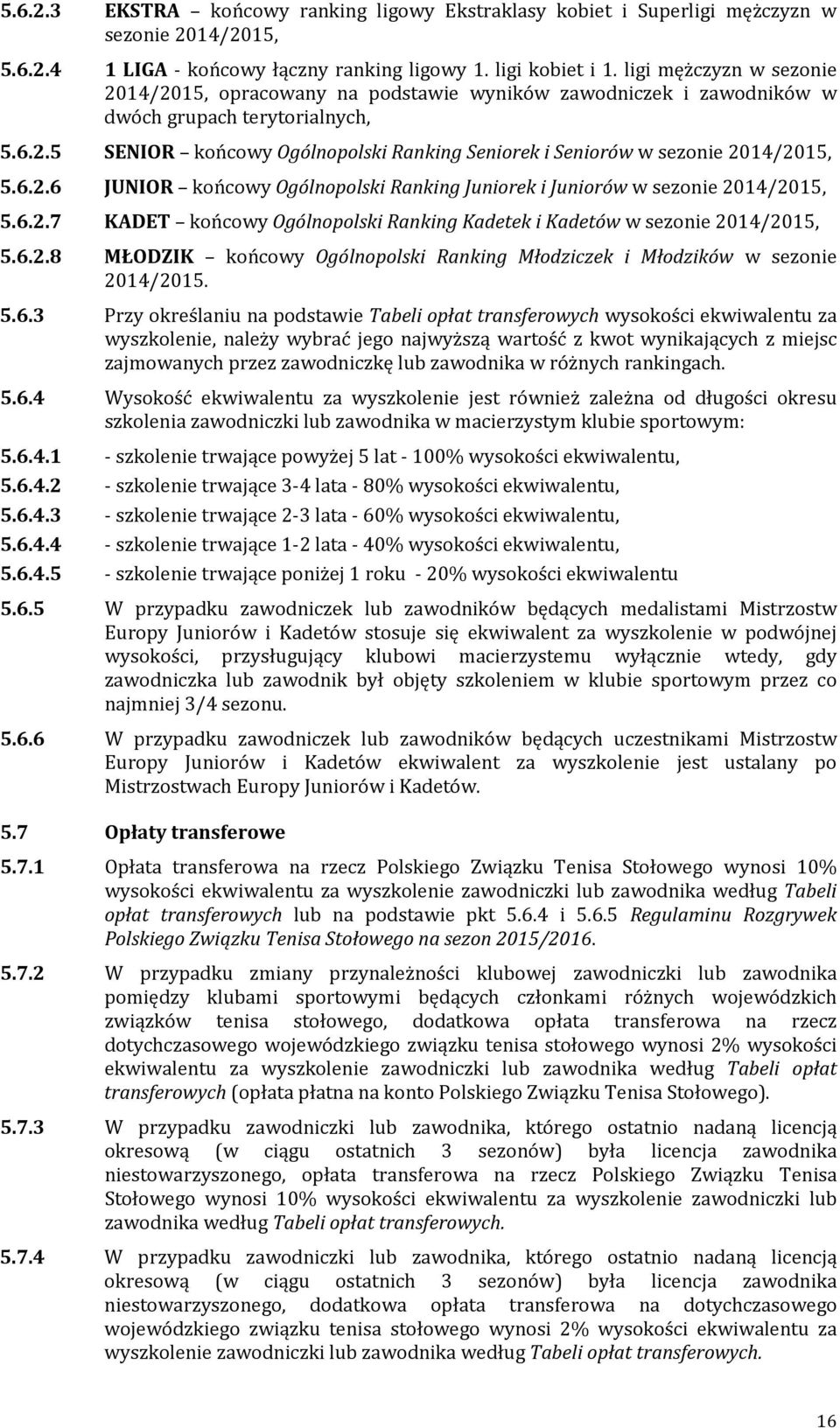 6.2.6 JUNIOR końcowy Ogólnopolski Ranking Juniorek i Juniorów w sezonie 2014/2015, 5.6.2.7 KADET końcowy Ogólnopolski Ranking Kadetek i Kadetów w sezonie 2014/2015, 5.6.2.8 MŁODZIK końcowy Ogólnopolski Ranking Młodziczek i Młodzików w sezonie 2014/2015.