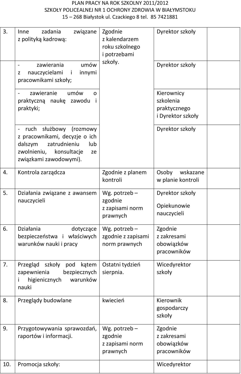 Kontrola zarządcza Zgodnie z planem kontroli Osoby wskazane w planie kontroli 5. Działania związane z awansem nauczycieli 6. Działania dotyczące bezpieczeństwa i właściwych warunków nauki i pracy 7.