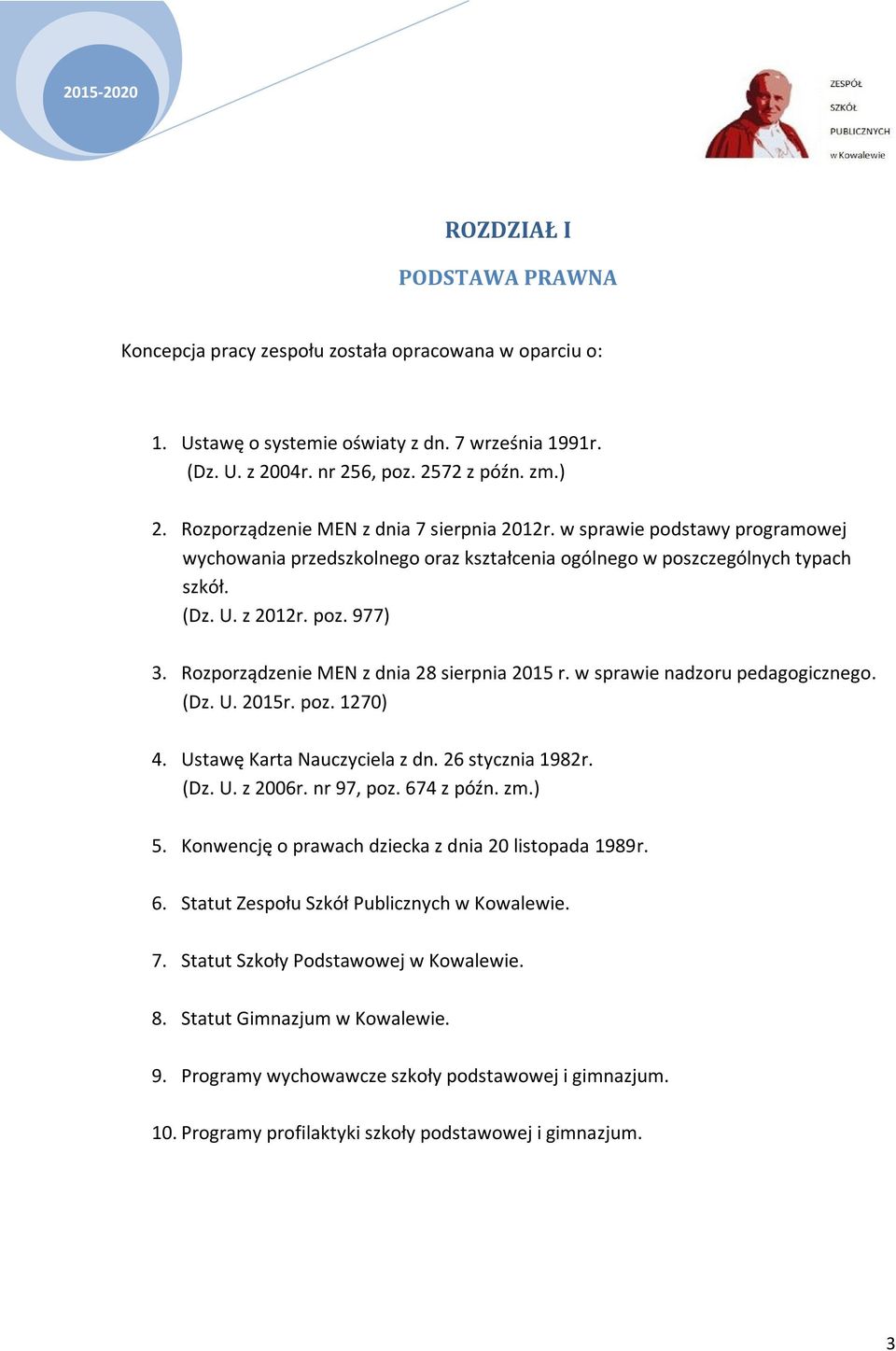 Rozporządzenie MEN z dnia 28 sierpnia 2015 r. w sprawie nadzoru pedagogicznego. (Dz. U. 2015r. poz. 1270) 4. Ustawę Karta Nauczyciela z dn. 26 stycznia 1982r. (Dz. U. z 2006r. nr 97, poz. 674 z późn.