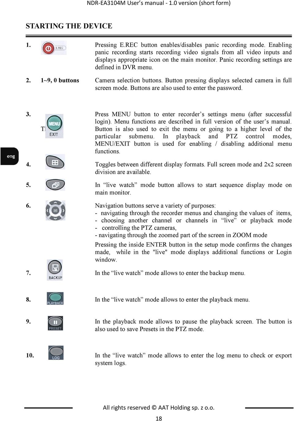 1~9, 0 buttons Camera selection buttons. Button pressing displays selected camera in full screen mode. Buttons are also used to enter the password. 3.