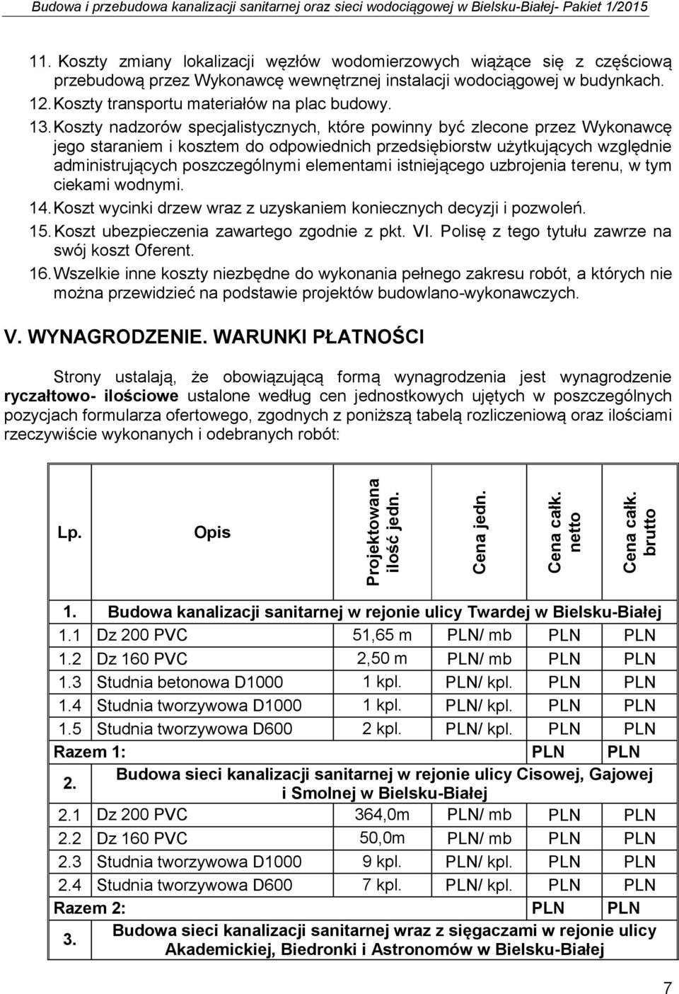 Koszty nadzorów specjalistycznych, które powinny być zlecone przez Wykonawcę jego staraniem i kosztem do odpowiednich przedsiębiorstw użytkujących względnie administrujących poszczególnymi elementami