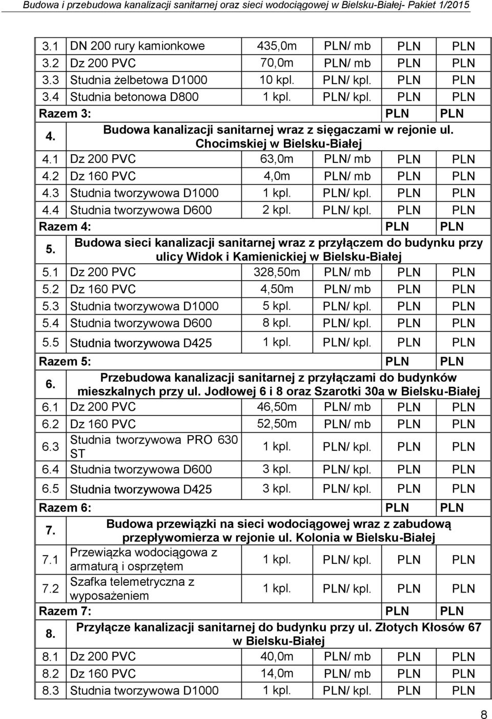 PLN/ kpl. PLN PLN 4.4 Studnia tworzywowa D600 2 kpl. PLN/ kpl. PLN PLN Razem 4: PLN PLN 5.