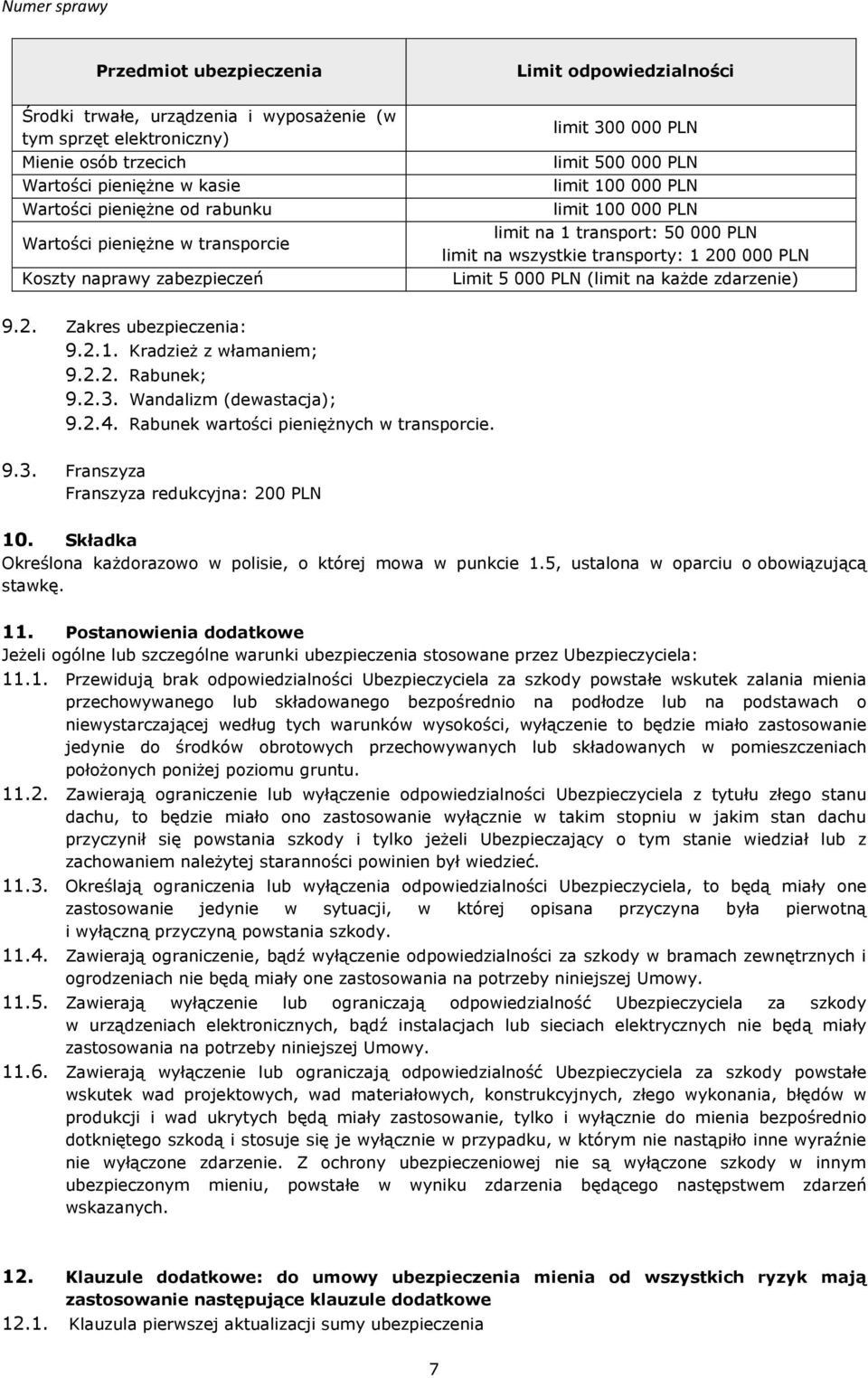 200 000 PLN Limit 5 000 PLN (limit na każde zdarzenie) 9.2. Zakres ubezpieczenia: 9.2.1. Kradzież z włamaniem; 9.2.2. Rabunek; 9.2.3. Wandalizm (dewastacja); 9.2.4.