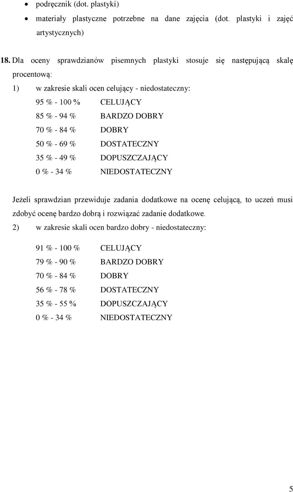 DOBRY 70 % - 84 % DOBRY 50 % - 69 % DOSTATECZNY 35 % - 49 % DOPUSZCZAJĄCY 0 % - 34 % NIEDOSTATECZNY Jeżeli sprawdzian przewiduje zadania dodatkowe na ocenę celującą, to uczeń musi